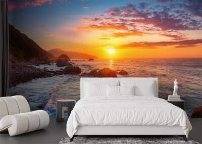 Tranquil Summer Dusk: Natural Evening Landscape by the Coast Wall mural