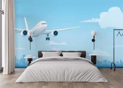 Airplane Flying Over City Skyline in Flat Style Wall mural