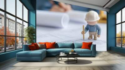 Little architect drawing blueprints, thoughtful look, 3D illustration Wall mural