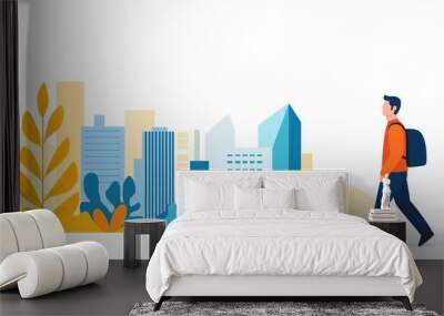 Successful man walking confidently in a cityscape, flat design illustration Wall mural