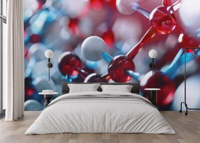 Abstract Molecular Structure Red, Blue, and White Spheres Interconnected by Thin Rods, Creating a Complex Network with Bokeh Effects Wall mural