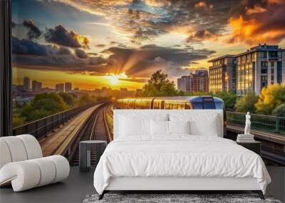 Cityscape Train Sunset, Urban, Transportation, Sunset, City Wall mural