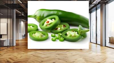 Fresh Green Jalapeno Peppers and Slices on White Background Wall mural