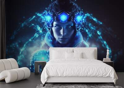 Artificial intellingence in sexy female robot with blue glowing light and semiconductor, generative AI Wall mural