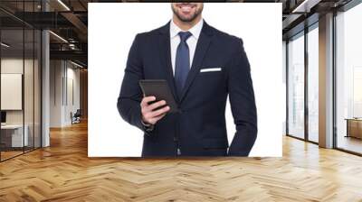 Confident caucasian businessman smile and holding tablet isolated Wall mural