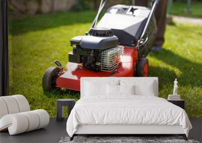 Pensioner mowing lawn with machine Wall mural