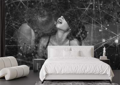 Sexy milf in blindfold with young lover in hotel room with virtual connections black and white Wall mural