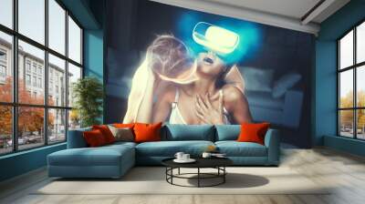 Sexy naked woman in bra playing with virtual lover at home Wall mural