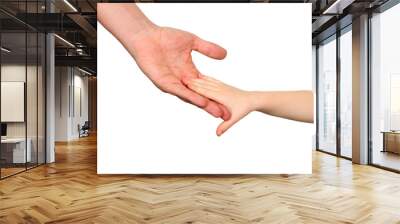 a father  holds the hand of a small child on a white  background Wall mural