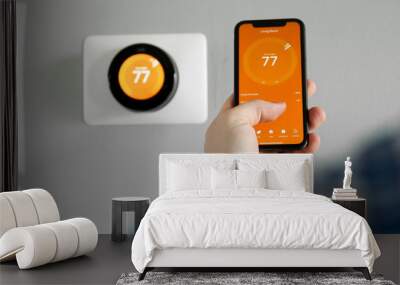 Man uses a mobile phone with smart home app in modern living room Wall mural