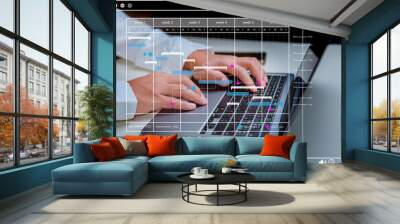 Businessman using laptop with Gantt chart scheduling virtual diagram. Project management schedule plan diagram business process optimisation concept.. Wall mural