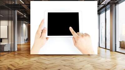 hands man asian and finger pointing on tablet isolated on white background Wall mural