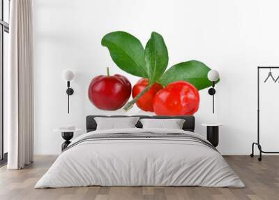 Acerola small cherry fruit with leaf isolated on white background. Wall mural