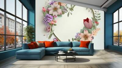 Beautiful flower Garland in heart shape on pastel background(Created with Generative AI technology). Wall mural