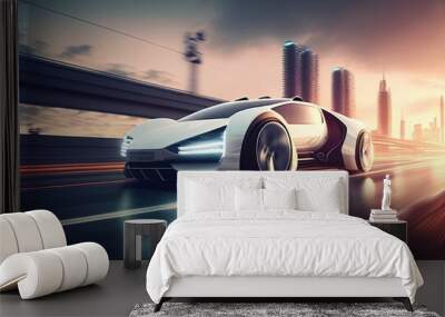 Electric sport car running on the morning road in future city Created with Generative AI technology. Wall mural