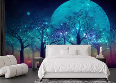 Illustration fantasy of neon forest. Glowing colorful look like fairytale. Wall mural