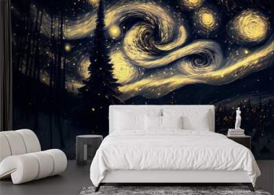 Illustration oil paint house and snow on starry sky winter (Created with Generative AI technology). Wall mural