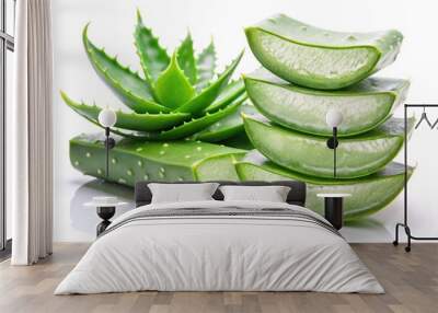 Fresh aloe vera plant and sliced aloe vera isolated on white background Extreme Close-Up Wall mural