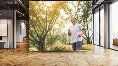 Asian senior mature man running Jogging In Park Wall mural