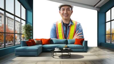 Portrait of Asian man engineer at building site looking at camera. Male construction manager wearing white helmet and yellow safety vest isolated white background, remove background Wall mural