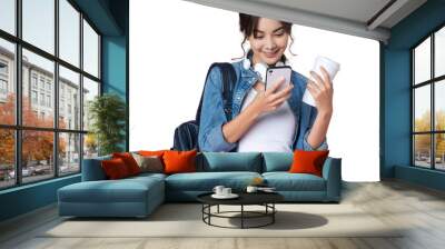 Portrait of young Asian woman student texting message using mobile phone application.College Teenager University concept. Wall mural