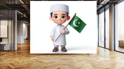 3D Cartoon Boy Holding Pakistani Flag. Wall mural