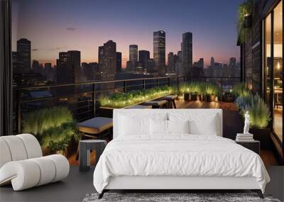 Discover the ultimate urban retreat with our rooftop lounge on the top floor of a city condo. Wall mural