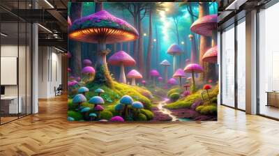 Enchanted Forest with Glowing Mushrooms, Digital Art, Fantasy Landscape, Stream, Moss, Forest, Magic Wall mural