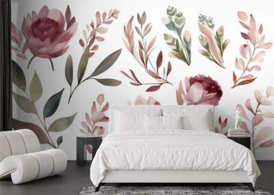 beautiful green leaves watercolor 2 floral illustration individual elements set  Wall mural