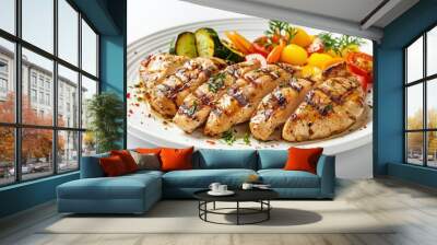 plate of grilled chicken with vegetables isolated on white background Wall mural