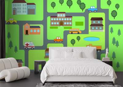 Cartoon map seamless pattern. roads, cars and houses . City map for children. Wall mural