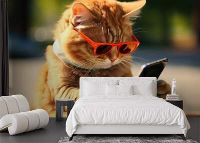 A cat wearing sunglasses is playing games on his mobile phone, generative ai Wall mural