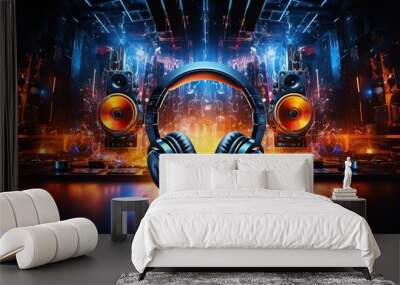 art music studio background with dj headphones Wall mural