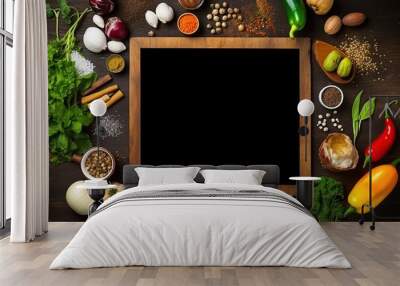 Blank rustic wood menu clipboard, surrounded by cooking ingredients and fruit and vegetables, top view, focus on center, Generative AI Wall mural