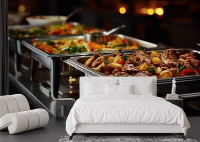 Buffet food at hotel party, stainless steel pan, chafing dish, Generative AI Wall mural