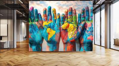 Hands of different colors painted in different ways. Colorful background. World Day for Cultural Diversity for Dialogue and Development. Wall mural