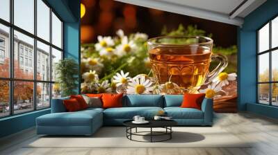 Herbal tea with fresh chamomile flowers on old wooden background, Generative AI Wall mural