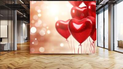 Red heart air balloon background with glitter bokeh shapes on ribbons Design concept for holiday valentine day Wall mural