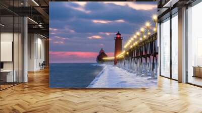 Grand Haven lighthouse sunset on Lake Michigan, in winter time Wall mural