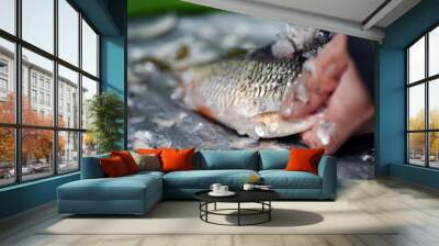 Fisherman cleaning a fish Wall mural