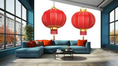 Red Chinese lantern with two sides on a white background, 3D render Wall mural