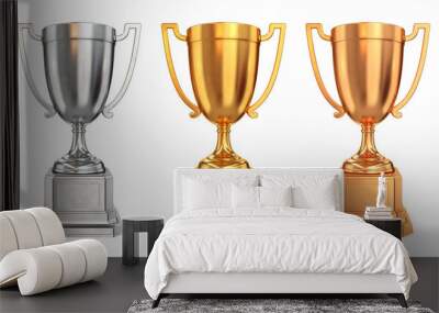 Set of trophy cups gold silver bronze on a white background, 3d render Wall mural