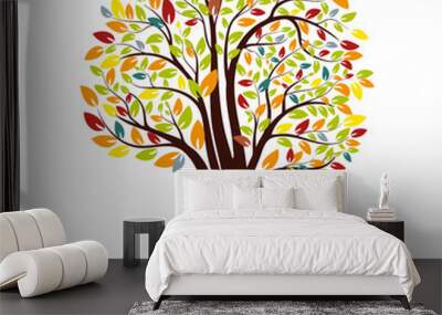 Autumn silhouette of a tree with colored leaves. Isolated on white background. Vector Wall mural