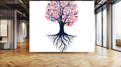 Autumn silhouette of a tree with colored leaves. Tree with roots. Isolated on white background.  Vector Wall mural