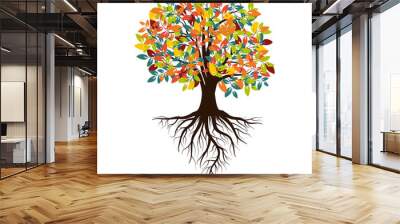 Autumn  tree with colored leaves with roots, Isolated on white background.  Vector Wall mural