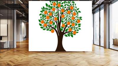 Green tree silhouette. Christmas tree with orange fruits. Isolated on white background. Vector Wall mural