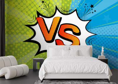 Pop art frame versus retro comic. Superhero background green and blue. duel battle blast halftone dots. Cartoon vs. Vector Illustration Wall mural