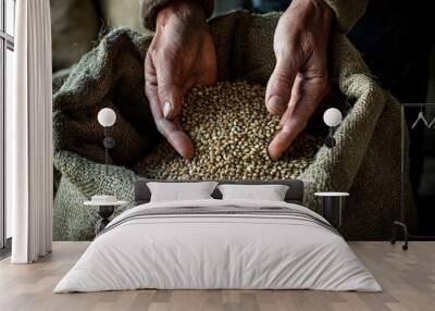 a pair of hands gently reaching into a brown sack of fresh corn Wall mural