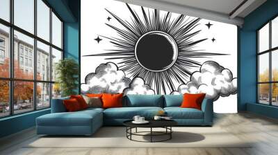 a sun and clouds - black and white illustration Wall mural