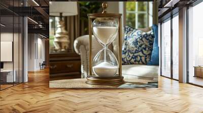 a vintage brass hourglass with white sand on a table in the living room Wall mural